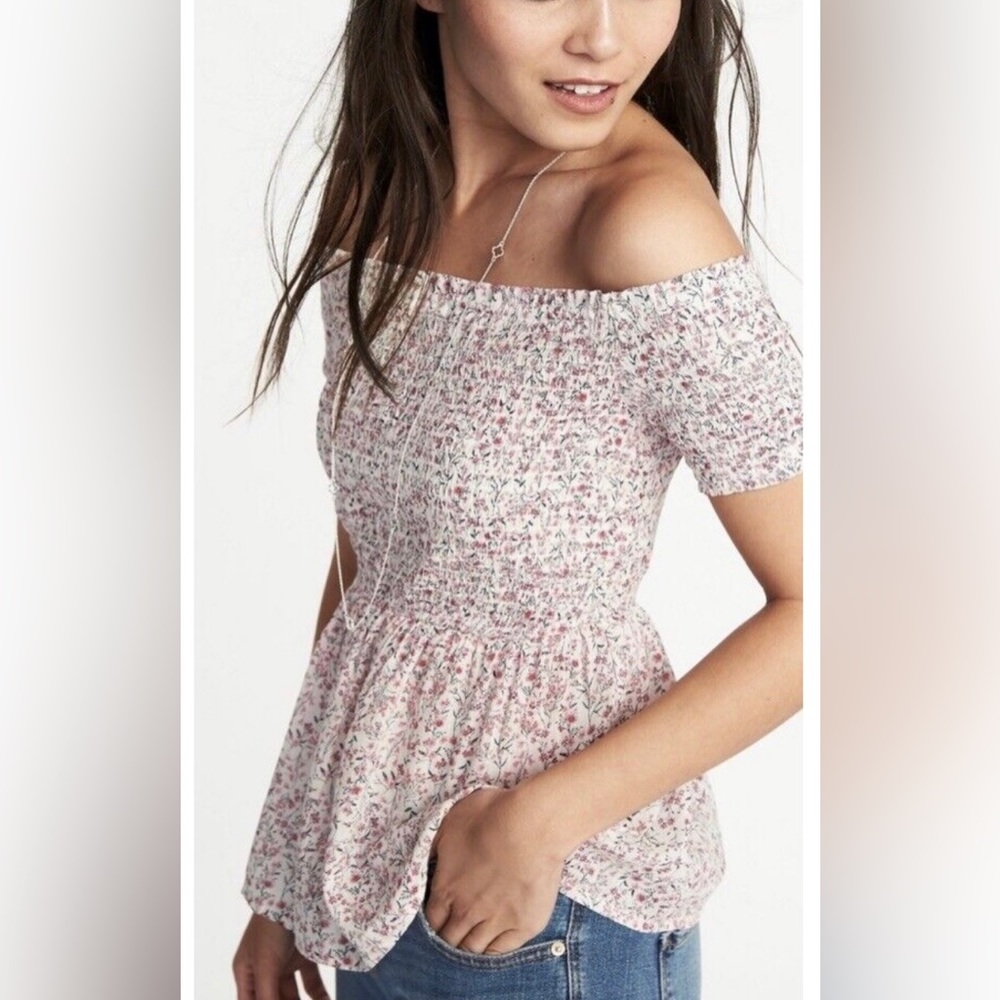 Smocked Floral Off Shoulder Top Blue and White Floral